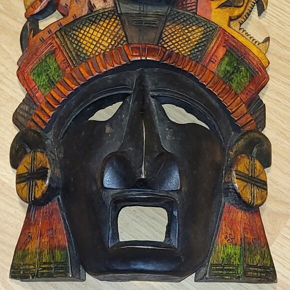 Vntg Hand Painted Hand Carved Myan Aztec Warrior Masks Sighned Set Of 6 Mexican - Picture 2 of 13